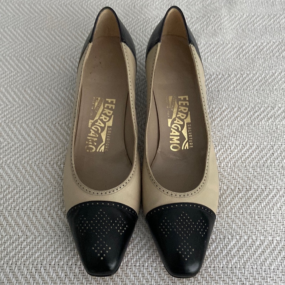 “Spectator” Salvatore Ferragamo 1 1/2 inch heels.